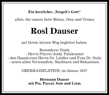 Traueranzeige von Rosl Dauser von Allgäuer Anzeigeblatt