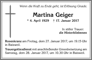 Traueranzeige von Martina Geiger von Allgäuer Zeitung, Kaufbeuren/Buchloe