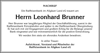 Traueranzeige von Leonhard Brunner von Allgäuer Zeitung,Kempten
