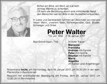 Traueranzeige von Peter Walter von Memminger Zeitung