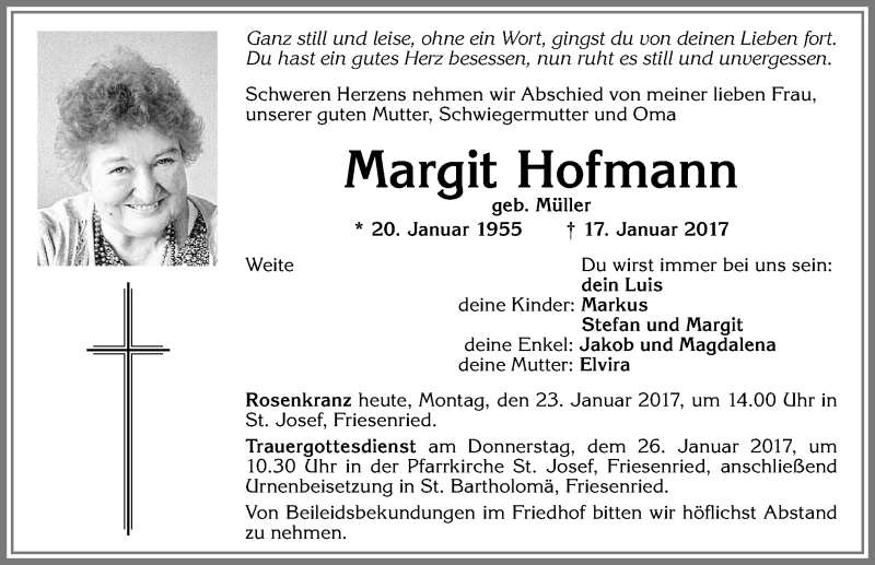  Traueranzeige für Margit Hofmann vom 23.01.2017 aus Allgäuer Zeitung, Marktoberdorf