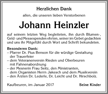 Traueranzeige von Johann Heinzler von Allgäuer Zeitung, Kaufbeuren/Buchloe