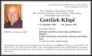 Traueranzeige von Gottlieb Klöpf von Allgäuer Anzeigeblatt