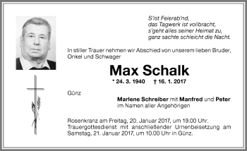 Traueranzeige von Max Schalk von Memminger Zeitung