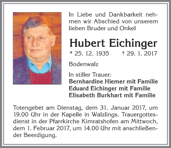 Traueranzeige von Hubert Eichinger von Allgäuer Zeitung,Kempten