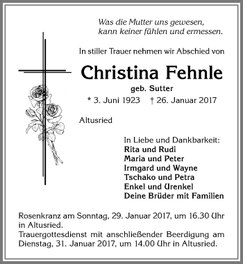 Traueranzeige von Christina Fehnle von Allgäuer Zeitung,Kempten