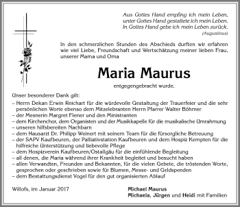 Traueranzeige von Maria Maurus von Allgäuer Zeitung, Marktoberdorf
