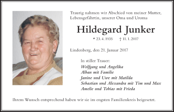 Traueranzeige von Hildegard Junker von Der Westallgäuer