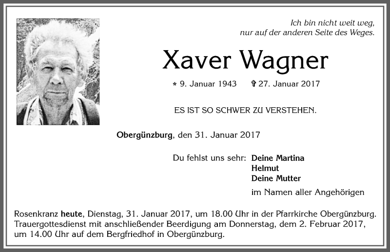  Traueranzeige für Xaver Wagner vom 31.01.2017 aus Allgäuer Zeitung, Marktoberdorf