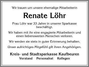 Traueranzeige von Renate Löhr von Allgäuer Zeitung, Kaufbeuren/Buchloe