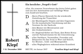 Traueranzeige von Robert Klepf von Allgäuer Anzeigeblatt