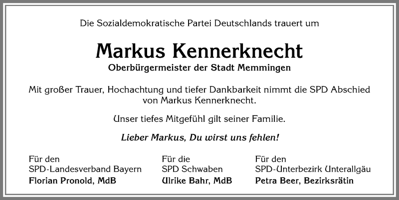  Traueranzeige für Markus Kennerknecht vom 02.01.2017 aus Allgäuer Zeitung, Gesamtausgabe