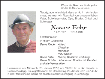Traueranzeige von Xaver Fehr von Der Westallgäuer