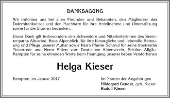 Traueranzeige von Helga Kieser von Allgäuer Zeitung,Kempten