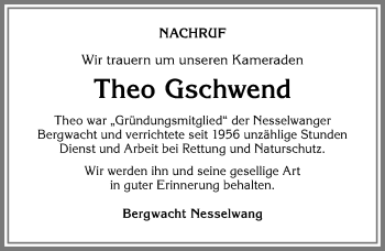 Traueranzeige von Theodor Gschwend von Allgäuer Zeitung, Füssen