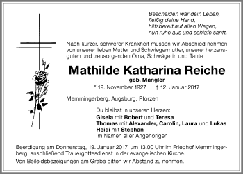 Traueranzeige von Mathilde Katharina Reiche von Memminger Zeitung