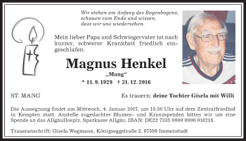 Traueranzeige von Magnus Henkel von Allgäuer Zeitung,Kempten