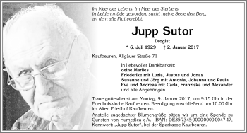 Traueranzeige von Jupp Sutor von Allgäuer Zeitung, Kaufbeuren/Buchloe