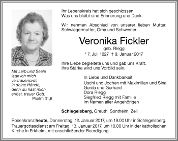 Traueranzeige von Veronika Fickler von Memminger Zeitung
