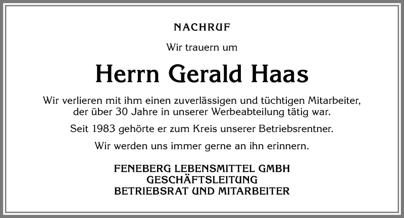  Traueranzeige für Gerald Haas vom 31.01.2017 aus Allgäuer Zeitung,Kempten