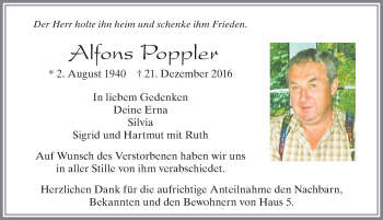 Traueranzeige von Alfons Poppler von Allgäuer Zeitung, Füssen