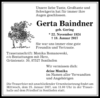Traueranzeige von Gerta Baindner von Allgäuer Anzeigeblatt