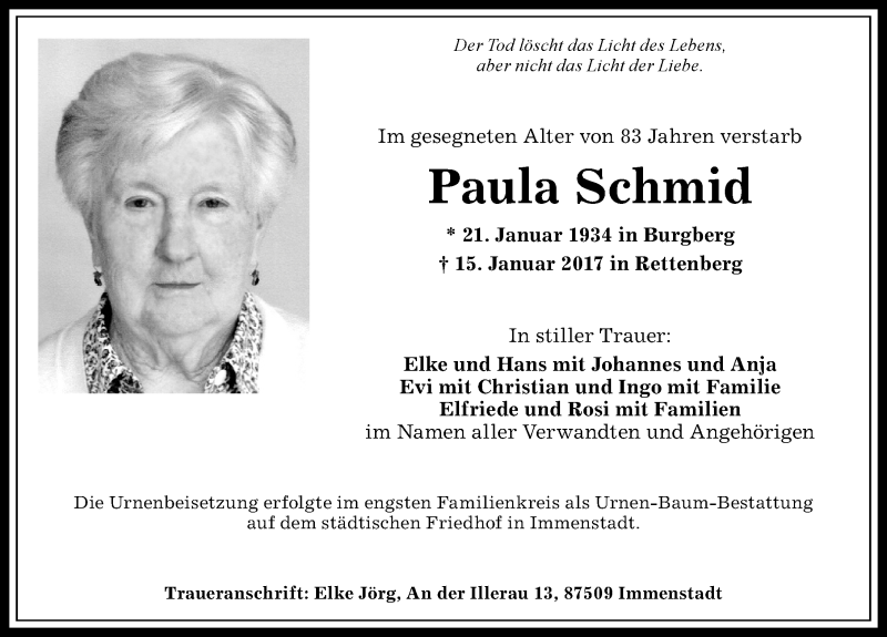  Traueranzeige für Paula Schmid vom 21.01.2017 aus Allgäuer Anzeigeblatt