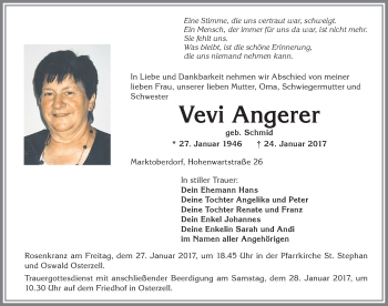 Traueranzeige von Vevi Angerer von Allgäuer Zeitung, Kaufbeuren/Buchloe