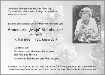 Traueranzeige von Annemarie Steinhauser von Allgäuer Zeitung,Kempten