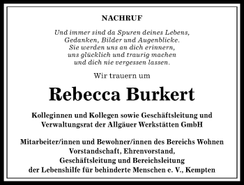 Traueranzeige von Rebecca Burkert von Allgäuer Zeitung,Kempten