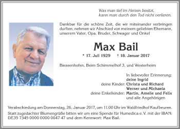Traueranzeige von Max Bail von Allgäuer Zeitung, Kaufbeuren/Buchloe