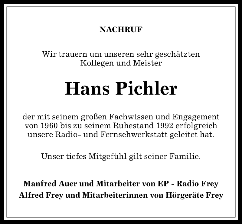  Traueranzeige für Hans Pichler vom 19.01.2017 aus Allgäuer Anzeigeblatt