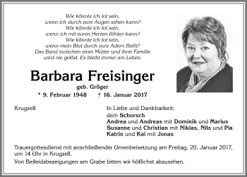 Traueranzeige von Barbara Freisinger von Allgäuer Zeitung,Kempten