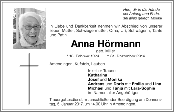 Traueranzeige von Anna Hörmann von Memminger Zeitung
