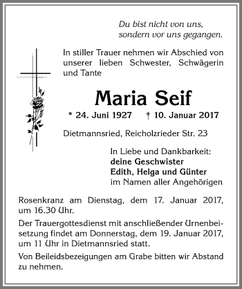 Traueranzeige von Maria Seif von Allgäuer Zeitung,Kempten