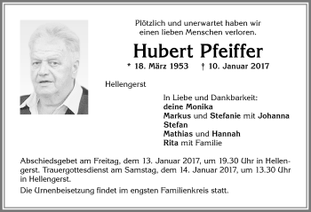 Traueranzeige von Hubert Pfeiffer von Allgäuer Zeitung,Kempten