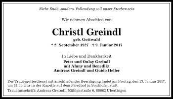 Traueranzeige von Christl Greindl von Allgäuer Anzeigeblatt