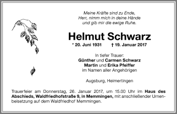 Traueranzeige von Helmut Schwarz von Memminger Zeitung