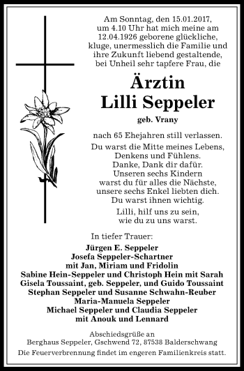 Traueranzeige von Lilli Seppeler von Allgäuer Anzeigeblatt