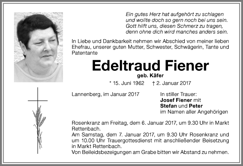  Traueranzeige für Edeltraud Fiener vom 04.01.2017 aus Memminger Zeitung
