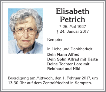 Traueranzeige von Elisabeth Petrich von Allgäuer Zeitung