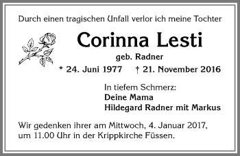Traueranzeige von Corinna Lesti von Allgäuer Zeitung, Füssen