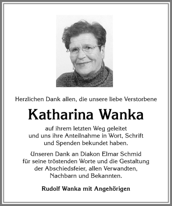 Traueranzeige von Katharina Wanka von Allgäuer Zeitung, Marktoberdorf