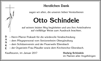 Traueranzeige von Otto Schindele von Allgäuer Zeitung