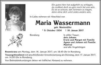 Traueranzeige von Maria Wassermann von Allgäuer Zeitung, Marktoberdorf