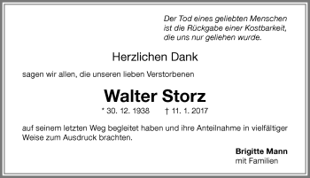 Traueranzeige von Walter Storz von Memminger Zeitung