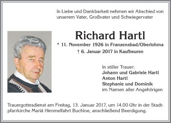Traueranzeige von Richard Hartl von Allgäuer Zeitung, Kaufbeuren/Buchloe