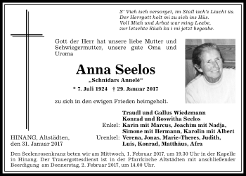 Traueranzeige von Anna Seelos von Allgäuer Anzeigeblatt