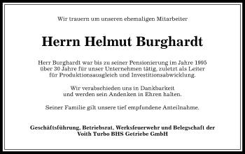 Traueranzeige von Helmut Burghardt von Allgäuer Anzeigeblatt