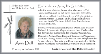 Traueranzeige von Anni Doll von Allgäuer Zeitung, Füssen